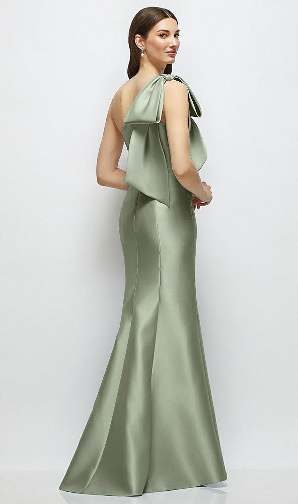 Back View - Sage Bow One-Shoulder Satin Maxi Dress with Trumpet Skirt