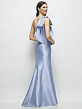 Rear View Thumbnail - Sky Blue Bow One-Shoulder Satin Maxi Dress with Trumpet Skirt