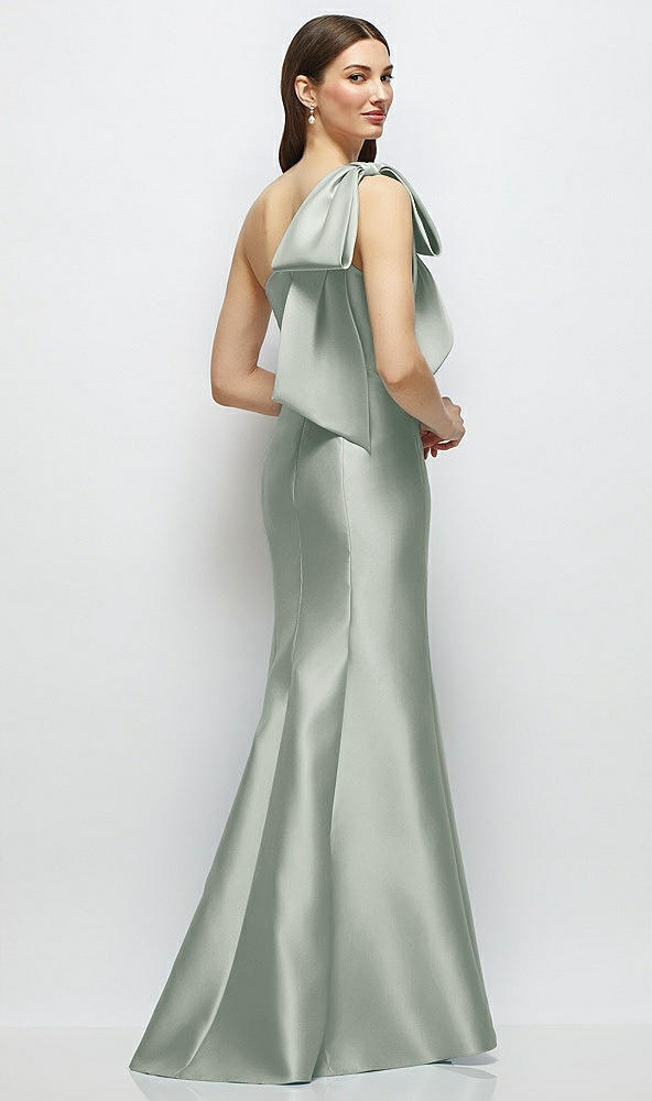 Back View - Willow Green Bow One-Shoulder Satin Maxi Dress with Trumpet Skirt