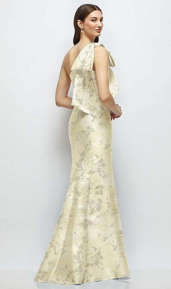 Front View - Butter Yellow Floral Bow One-Shoulder Satin Floral Maxi Dress with Trumpet Skirt