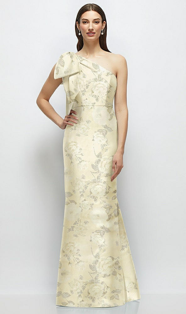 Back View - Butter Yellow Floral Bow One-Shoulder Satin Floral Maxi Dress with Trumpet Skirt