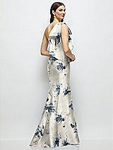 Front View Thumbnail - Inkwash Blue Floral Bow One-Shoulder Satin Floral Maxi Dress with Trumpet Skirt