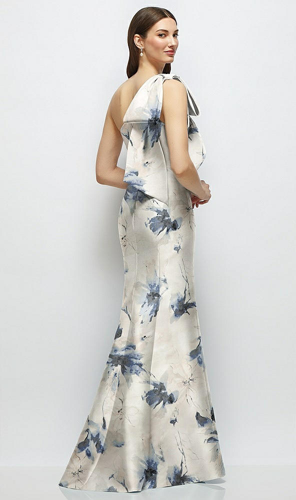 Front View - Inkwash Blue Floral Bow One-Shoulder Satin Floral Maxi Dress with Trumpet Skirt