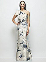 Rear View Thumbnail - Inkwash Blue Floral Bow One-Shoulder Satin Floral Maxi Dress with Trumpet Skirt