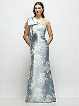 Rear View Thumbnail - Porcelain Blue Seraphina Floral Bow One-Shoulder Satin Floral Maxi Dress with Trumpet Skirt