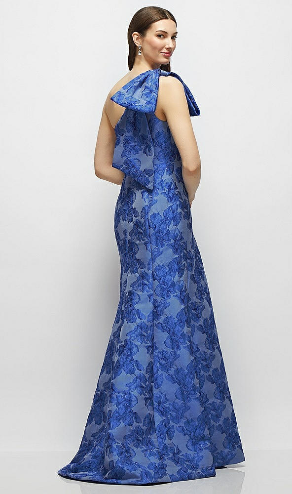 Back View - Cobalt Jacquard Bow One-Shoulder Cobalt Floral Metallic Jacquard Trumpet Maxi Dress