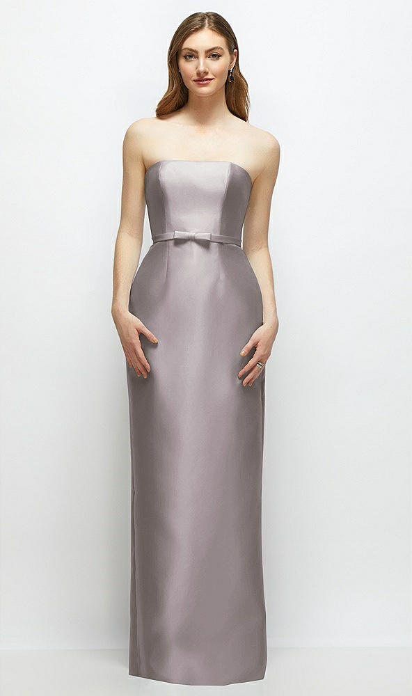 Front View - Cashmere Gray Strapless Satin Column Dress with Bow-Trimmed Skinny Belt