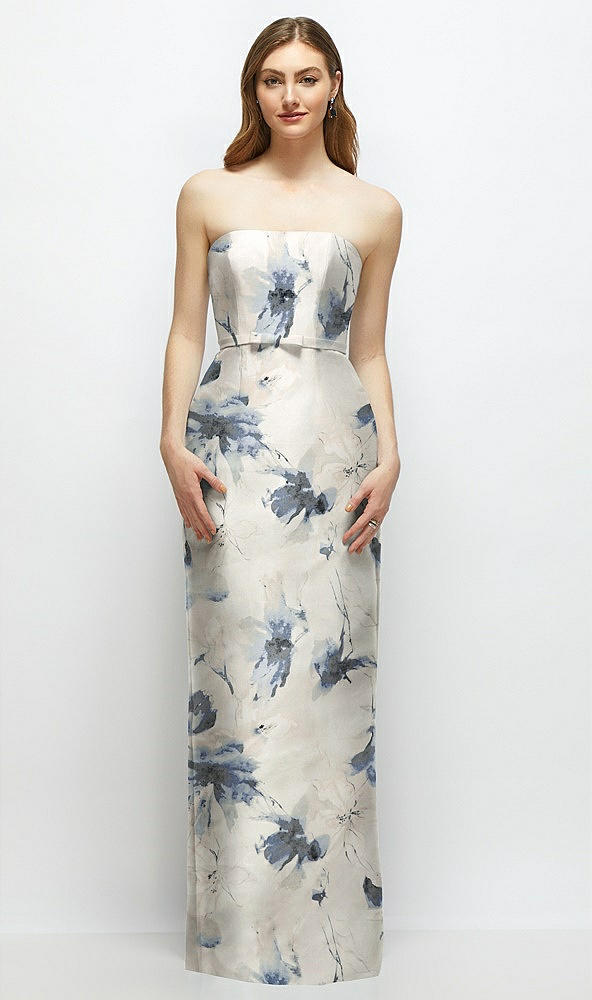 Front View - Inkwash Blue Floral Floral Strapless Satin Column Dress with Bow-Trimmed Skinny Belt