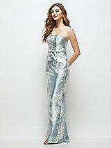 Side View Thumbnail - Porcelain Blue Seraphina Floral Floral Strapless Satin Column Dress with Bow-Trimmed Skinny Belt