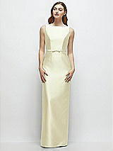 Front View Thumbnail - Butter Yellow Bateau Neck Satin Column Dress with Bow-Trimmed Skinny Belt