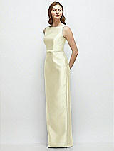 Side View Thumbnail - Butter Yellow Bateau Neck Satin Column Dress with Bow-Trimmed Skinny Belt