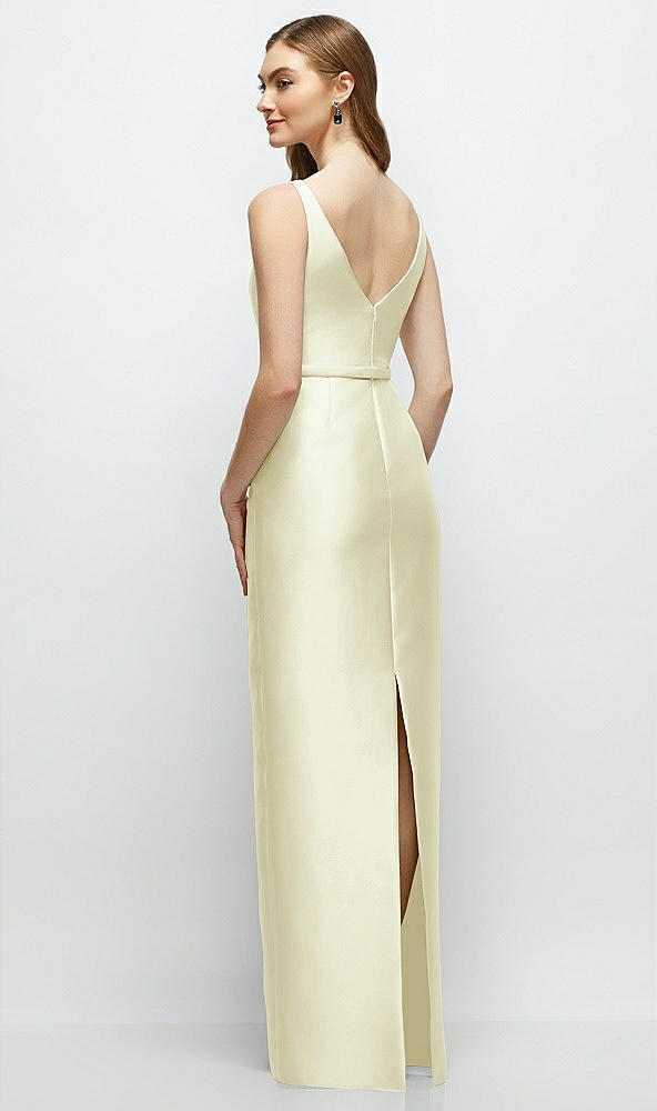 Back View - Butter Yellow Bateau Neck Satin Column Dress with Bow-Trimmed Skinny Belt