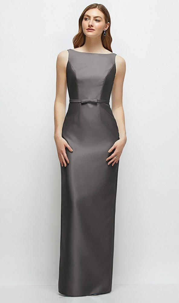 Front View - Caviar Gray Bateau Neck Satin Column Dress with Bow-Trimmed Skinny Belt