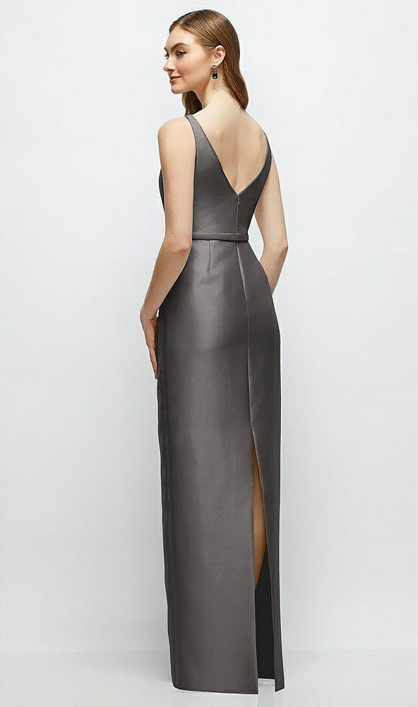 Back View - Caviar Gray Bateau Neck Satin Column Dress with Bow-Trimmed Skinny Belt