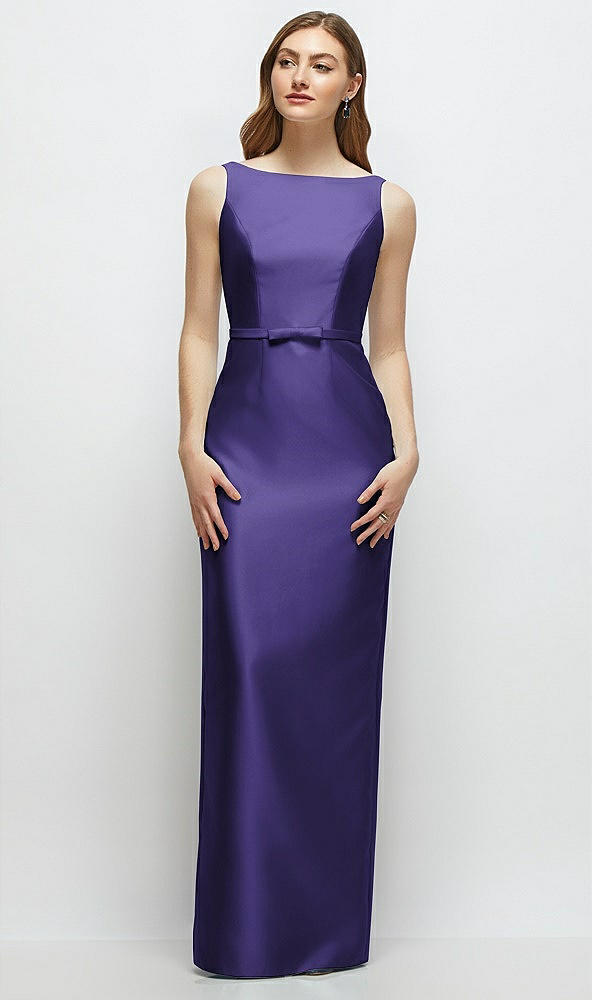 Front View - Grape Bateau Neck Satin Column Dress with Bow-Trimmed Skinny Belt