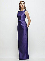 Side View Thumbnail - Grape Bateau Neck Satin Column Dress with Bow-Trimmed Skinny Belt