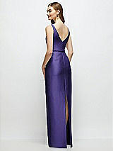 Rear View Thumbnail - Grape Bateau Neck Satin Column Dress with Bow-Trimmed Skinny Belt