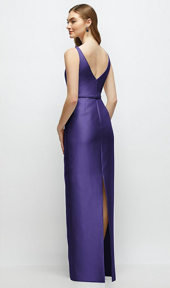 Back View - Grape Bateau Neck Satin Column Dress with Bow-Trimmed Skinny Belt