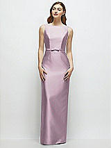 Front View Thumbnail - Suede Rose Bateau Neck Satin Column Dress with Bow-Trimmed Skinny Belt