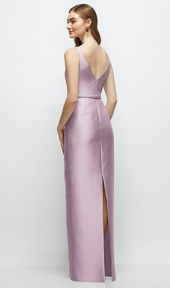 Back View - Suede Rose Bateau Neck Satin Column Dress with Bow-Trimmed Skinny Belt