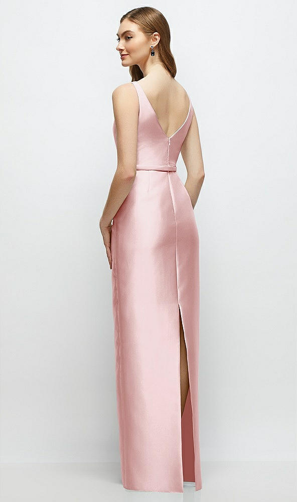 Back View - Ballet Pink Bateau Neck Satin Column Dress with Bow-Trimmed Skinny Belt