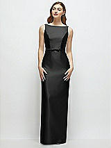 Front View Thumbnail - Black Bateau Neck Satin Column Dress with Bow-Trimmed Skinny Belt