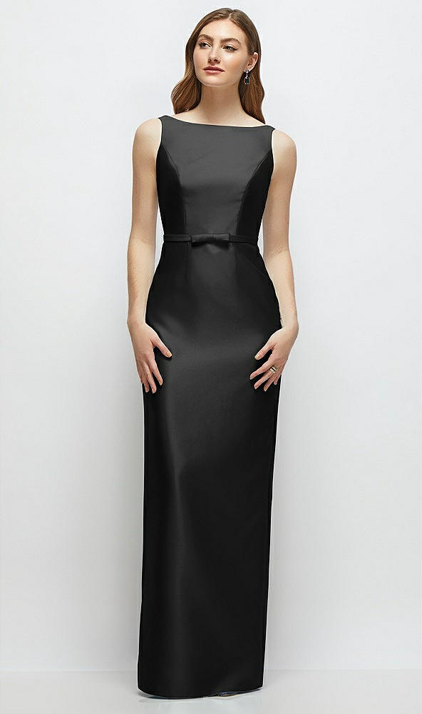 Front View - Black Bateau Neck Satin Column Dress with Bow-Trimmed Skinny Belt