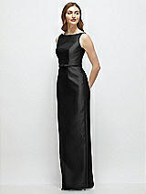 Side View Thumbnail - Black Bateau Neck Satin Column Dress with Bow-Trimmed Skinny Belt