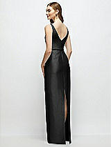 Rear View Thumbnail - Black Bateau Neck Satin Column Dress with Bow-Trimmed Skinny Belt