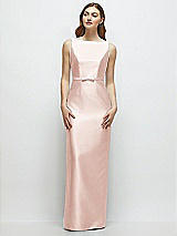 Front View Thumbnail - Blush Bateau Neck Satin Column Dress with Bow-Trimmed Skinny Belt