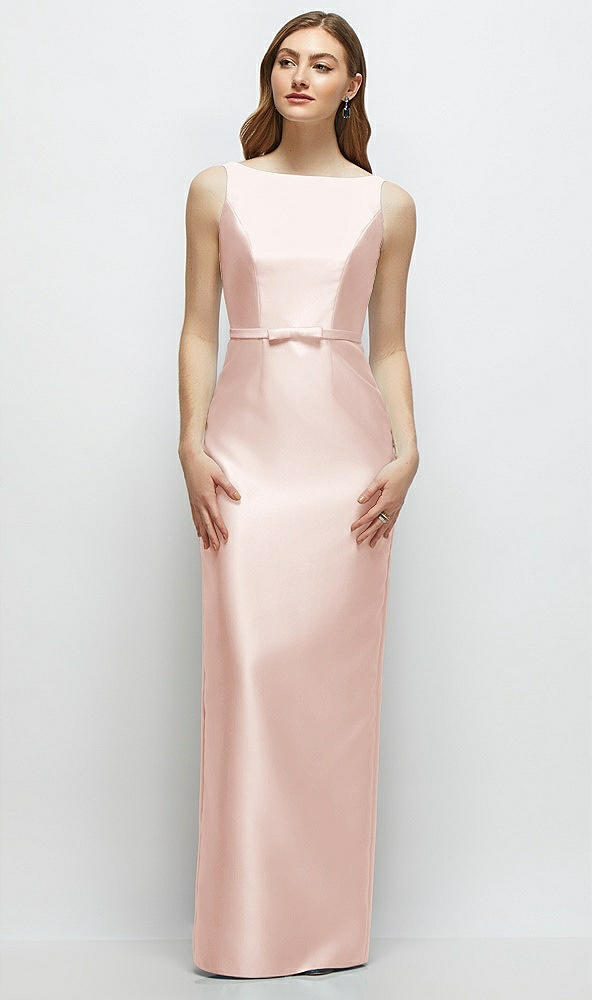 Front View - Blush Bateau Neck Satin Column Dress with Bow-Trimmed Skinny Belt