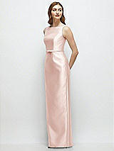 Side View Thumbnail - Blush Bateau Neck Satin Column Dress with Bow-Trimmed Skinny Belt