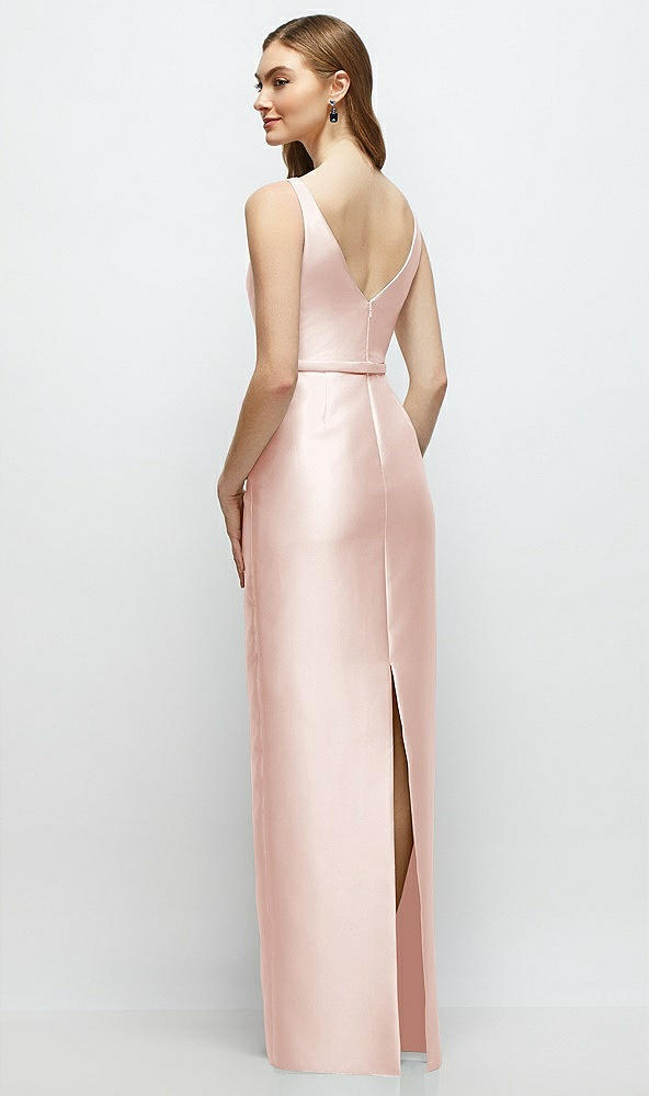 Back View - Blush Bateau Neck Satin Column Dress with Bow-Trimmed Skinny Belt