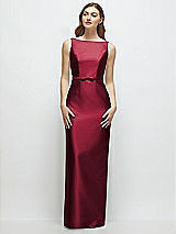 Front View Thumbnail - Burgundy Bateau Neck Satin Column Dress with Bow-Trimmed Skinny Belt