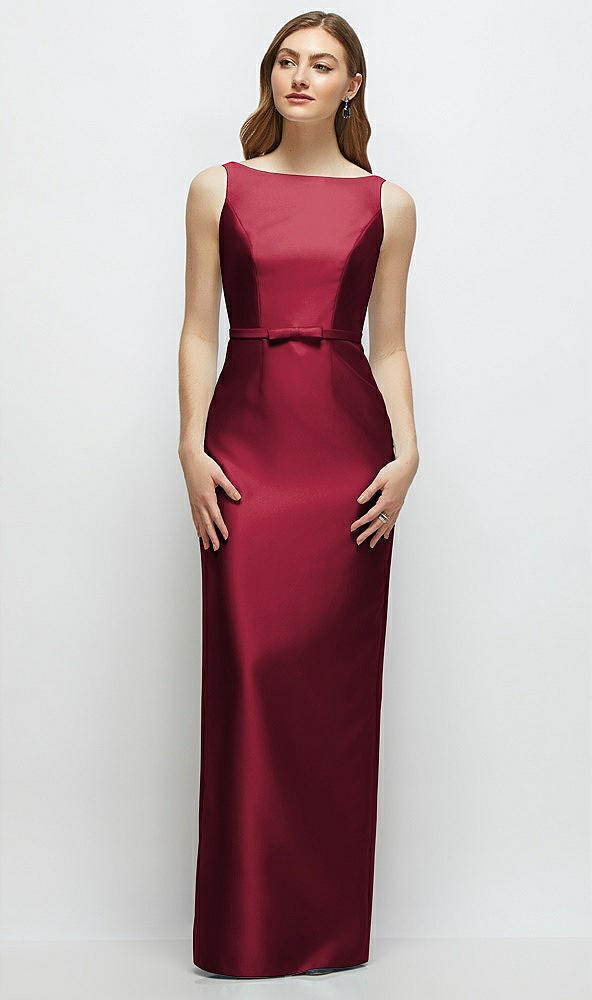 Front View - Burgundy Bateau Neck Satin Column Dress with Bow-Trimmed Skinny Belt