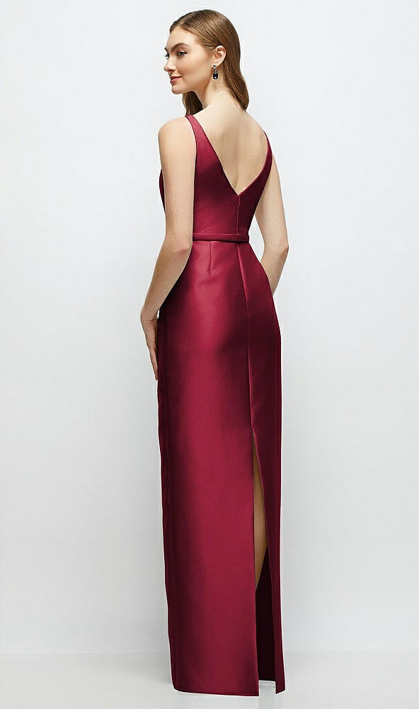 Back View - Burgundy Bateau Neck Satin Column Dress with Bow-Trimmed Skinny Belt