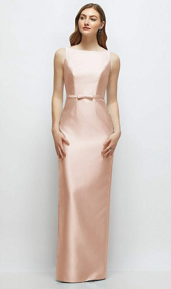 Front View - Cameo Bateau Neck Satin Column Dress with Bow-Trimmed Skinny Belt