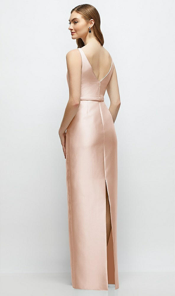 Back View - Cameo Bateau Neck Satin Column Dress with Bow-Trimmed Skinny Belt