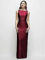 Front View Thumbnail - Cabernet Bateau Neck Satin Column Dress with Bow-Trimmed Skinny Belt