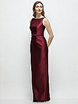 Side View Thumbnail - Cabernet Bateau Neck Satin Column Dress with Bow-Trimmed Skinny Belt