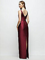 Rear View Thumbnail - Cabernet Bateau Neck Satin Column Dress with Bow-Trimmed Skinny Belt