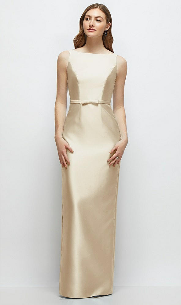 Front View - Champagne Bateau Neck Satin Column Dress with Bow-Trimmed Skinny Belt