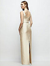 Rear View Thumbnail - Champagne Bateau Neck Satin Column Dress with Bow-Trimmed Skinny Belt