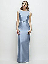 Front View Thumbnail - Cloudy Bateau Neck Satin Column Dress with Bow-Trimmed Skinny Belt