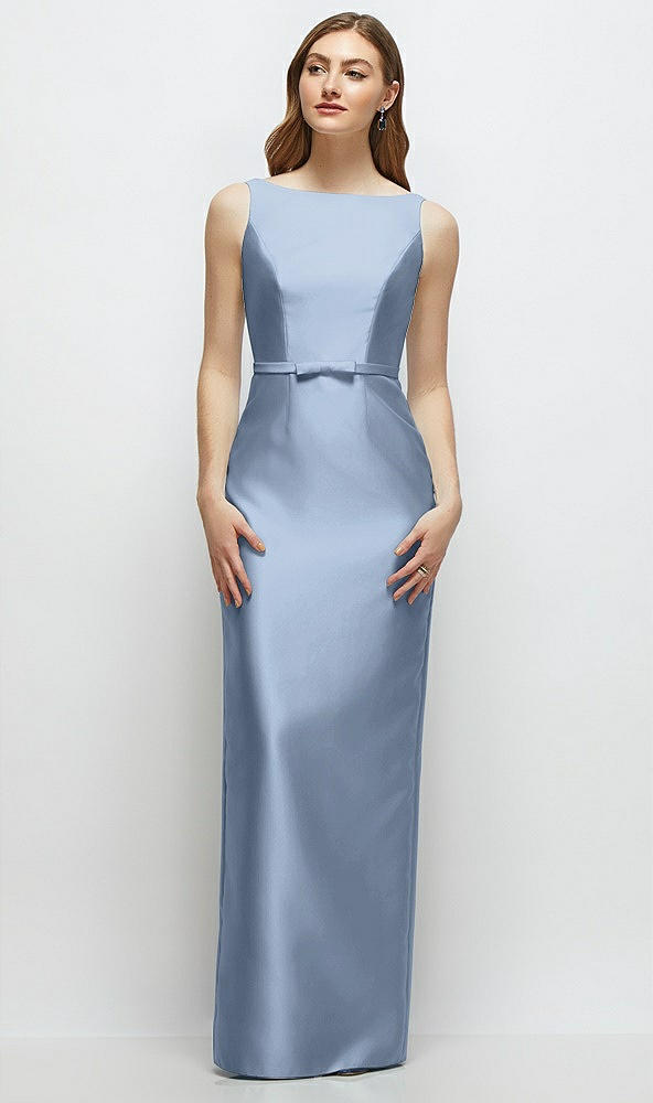 Front View - Cloudy Bateau Neck Satin Column Dress with Bow-Trimmed Skinny Belt