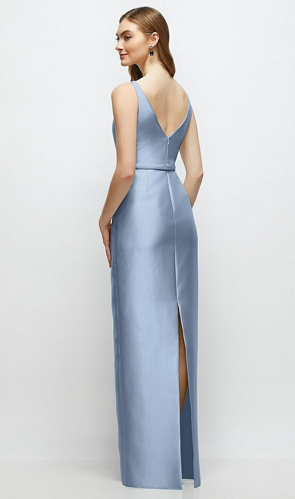 Back View - Cloudy Bateau Neck Satin Column Dress with Bow-Trimmed Skinny Belt