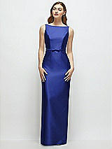 Front View Thumbnail - Cobalt Blue Bateau Neck Satin Column Dress with Bow-Trimmed Skinny Belt