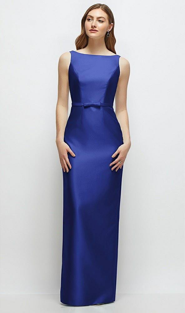 Front View - Cobalt Blue Bateau Neck Satin Column Dress with Bow-Trimmed Skinny Belt