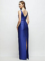 Rear View Thumbnail - Cobalt Blue Bateau Neck Satin Column Dress with Bow-Trimmed Skinny Belt