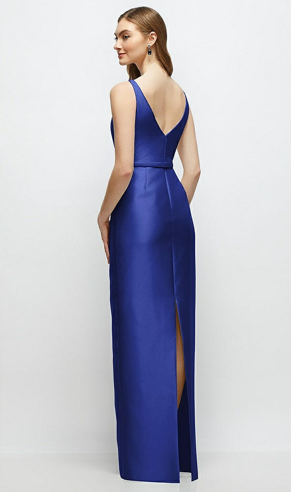 Back View - Cobalt Blue Bateau Neck Satin Column Dress with Bow-Trimmed Skinny Belt